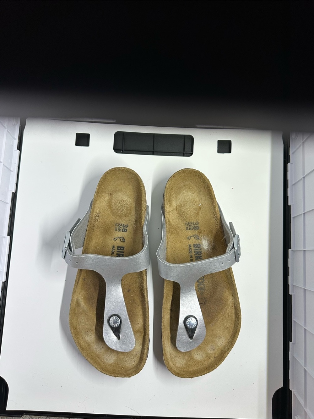 Birkenstock Silver Toe-Post Sandals with Tan Footbed